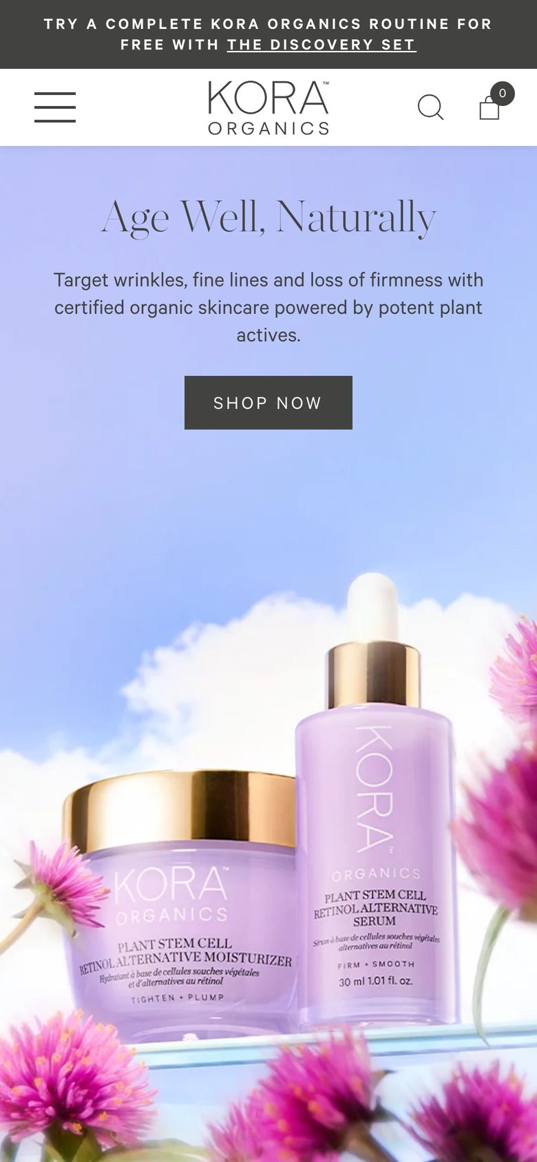 Mobile homepage of Kora Organics