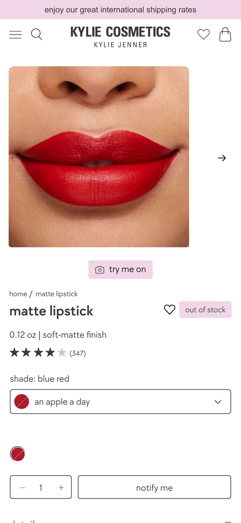 Mobile product page of Kylie Cosmetics