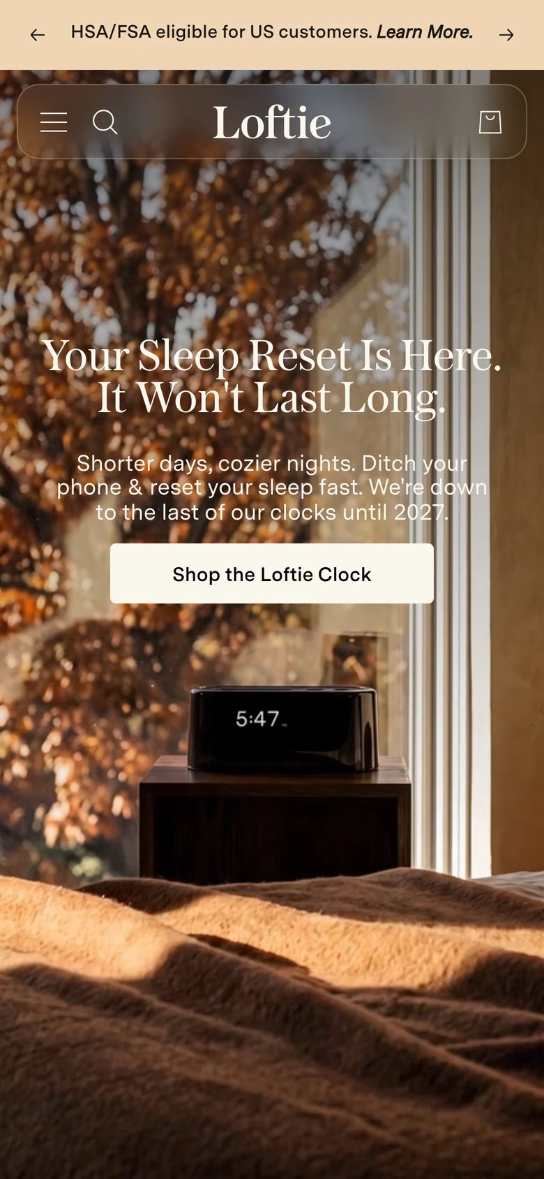 Mobile homepage of Loftie