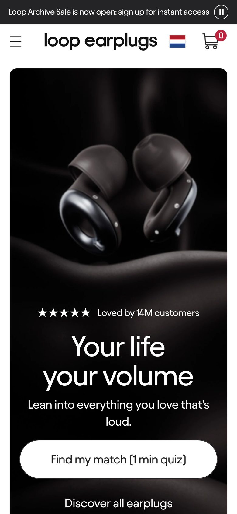 Mobile homepage of Loop Earplugs
