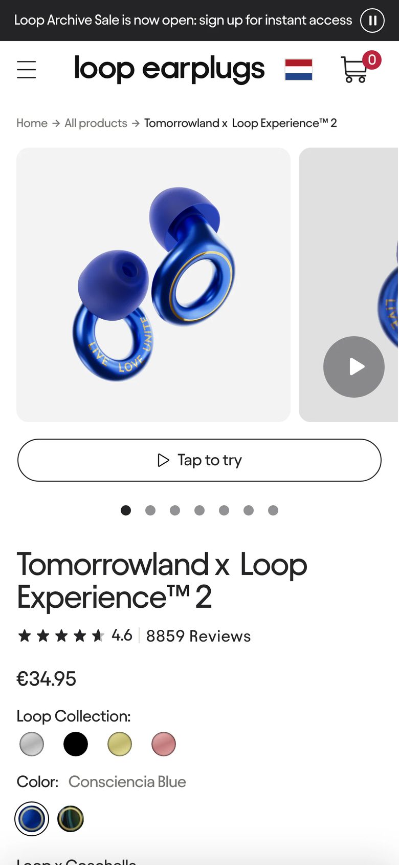 Mobile product page of Loop Earplugs