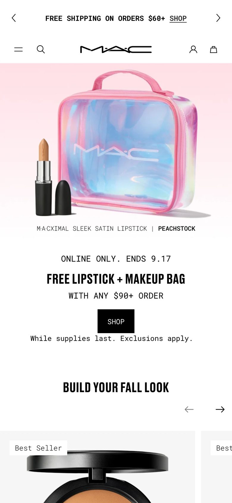 Mobile homepage of MAC Cosmetics