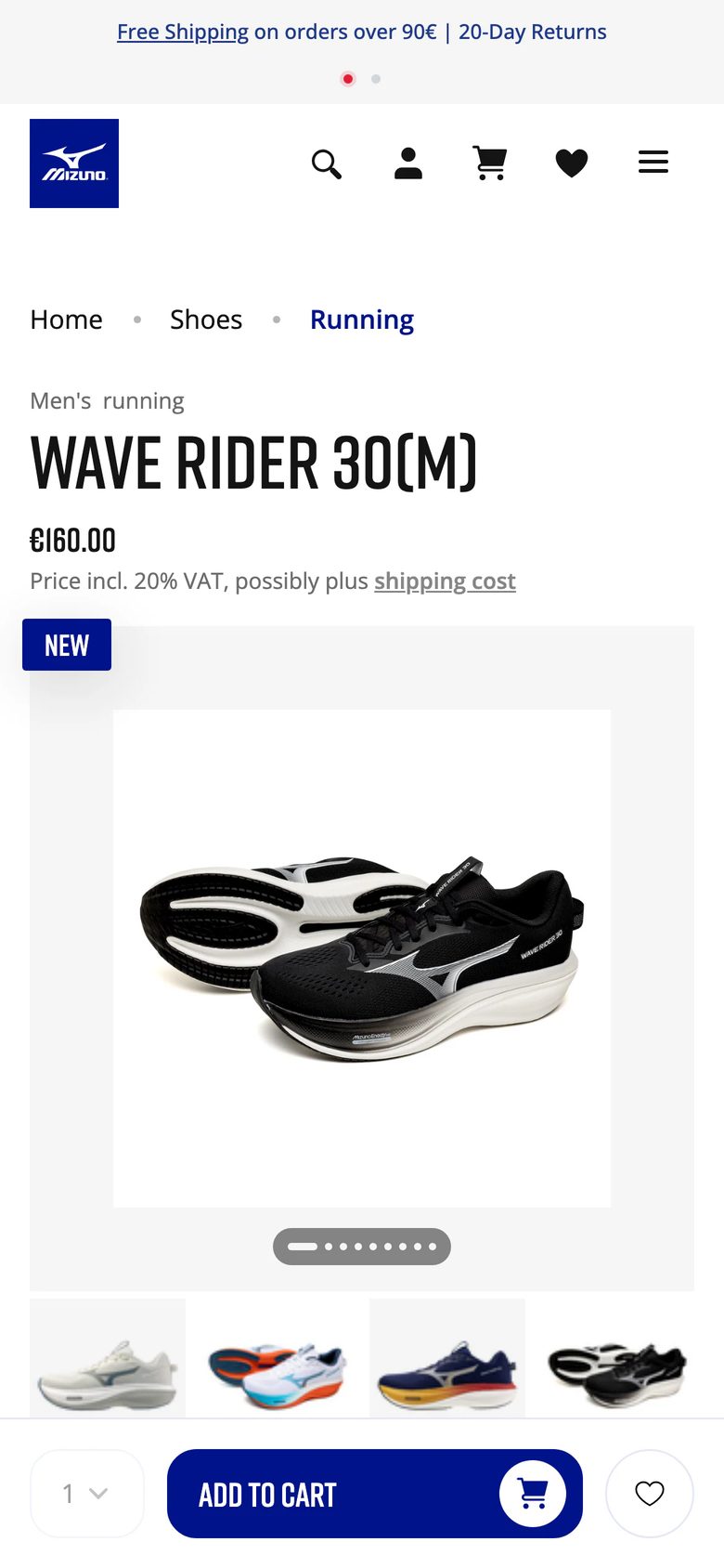 Mobile product page of Mizuno