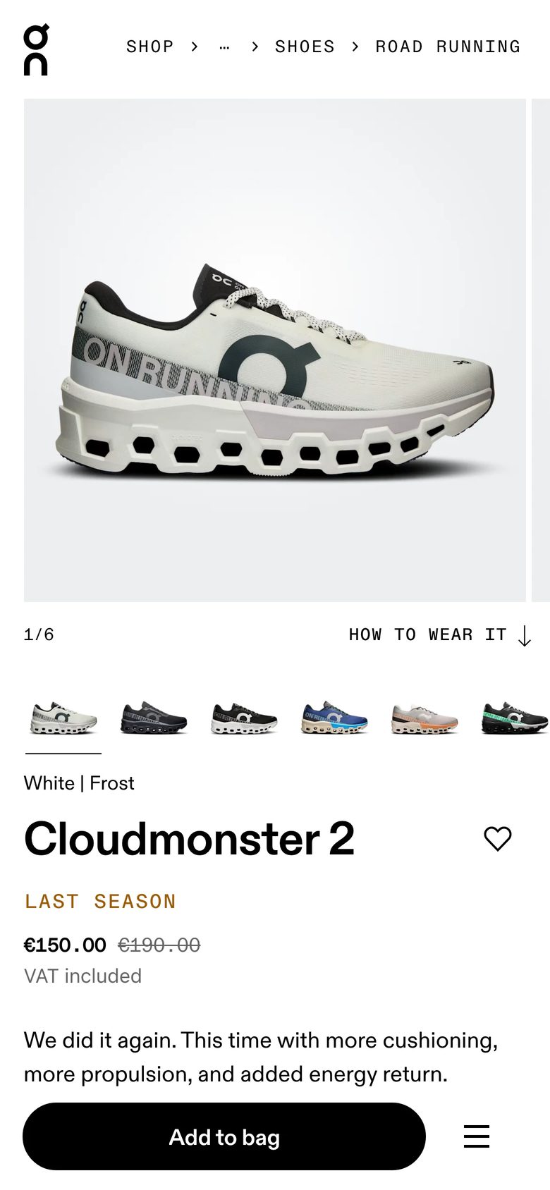 Mobile product page of On