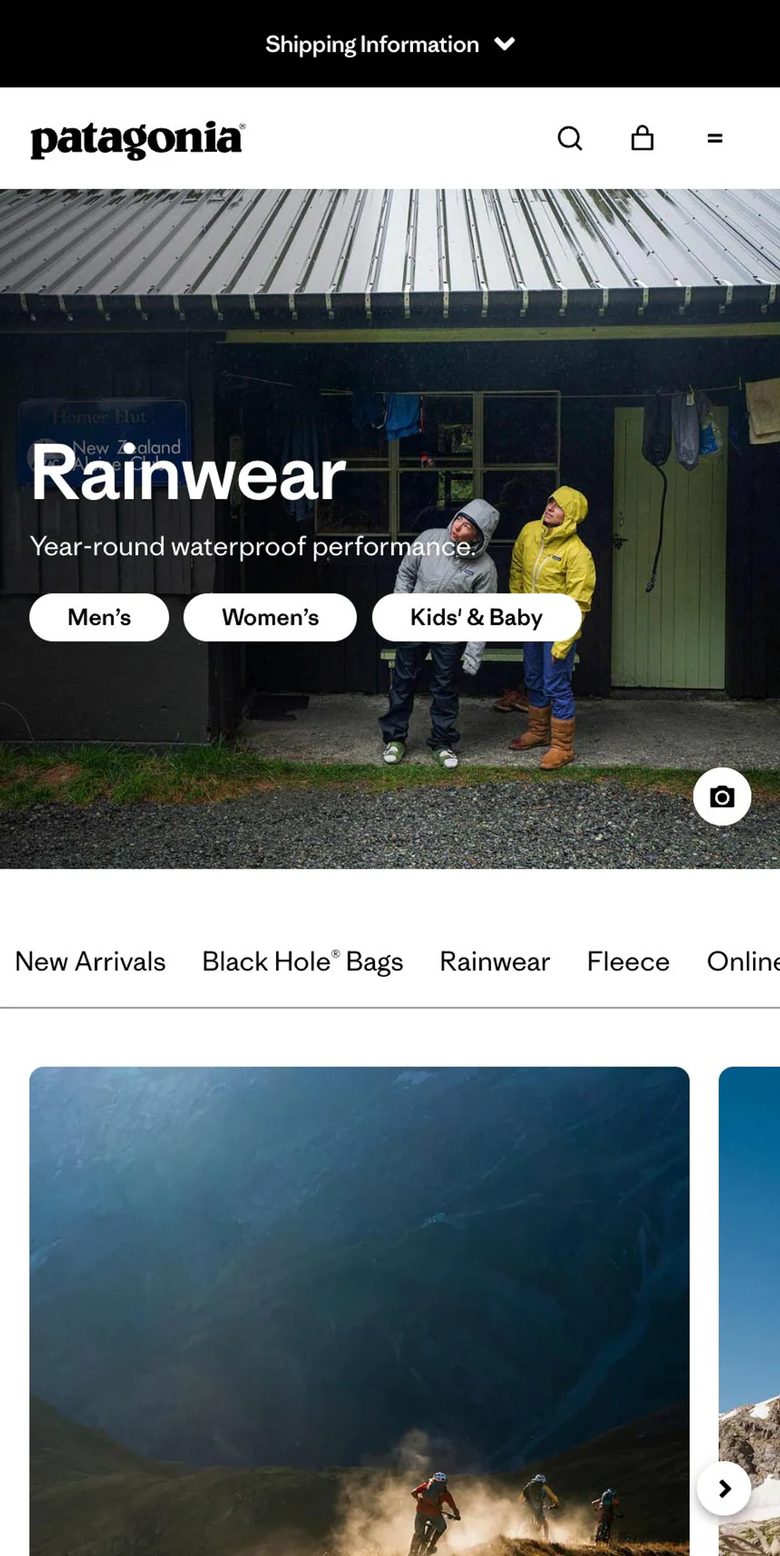 Mobile homepage of Patagonia