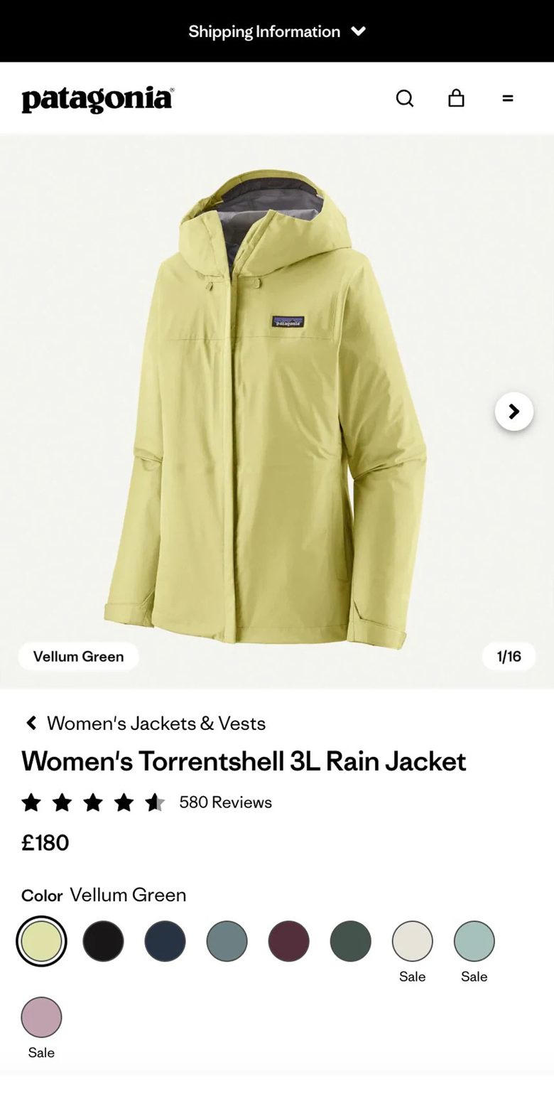 Mobile product page of Patagonia