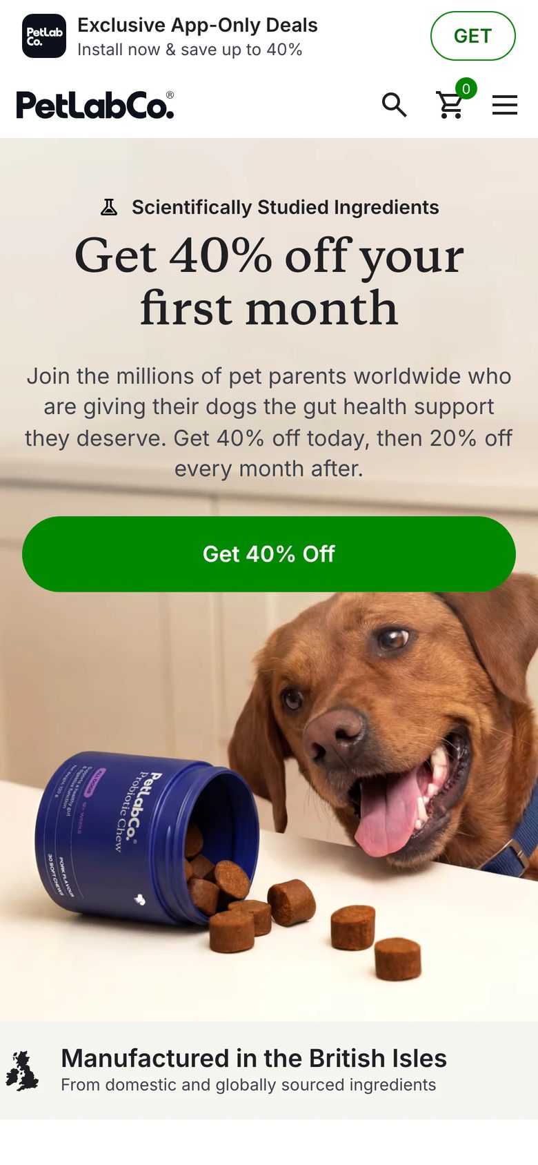 Mobile homepage of PetLab Co