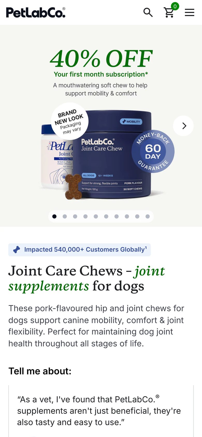 Mobile product page of PetLab Co