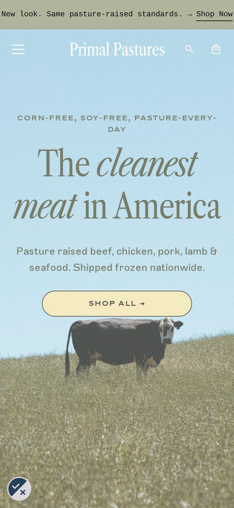 Mobile homepage of Primal Pastures
