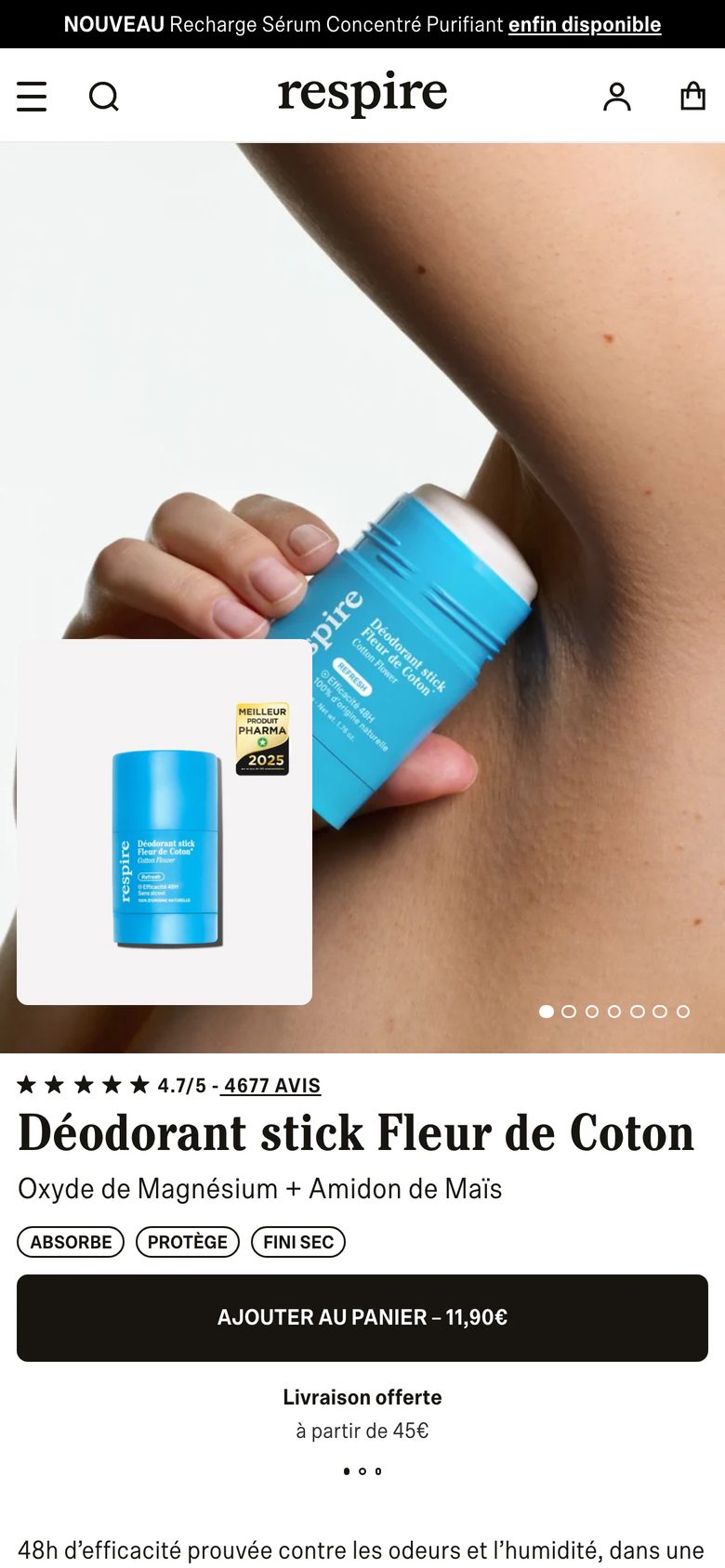 Mobile product page of Respire