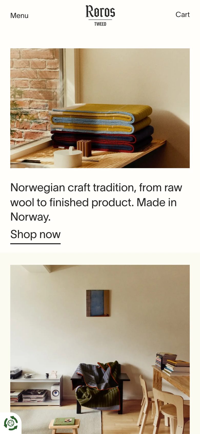 Mobile homepage of Røros Tweed