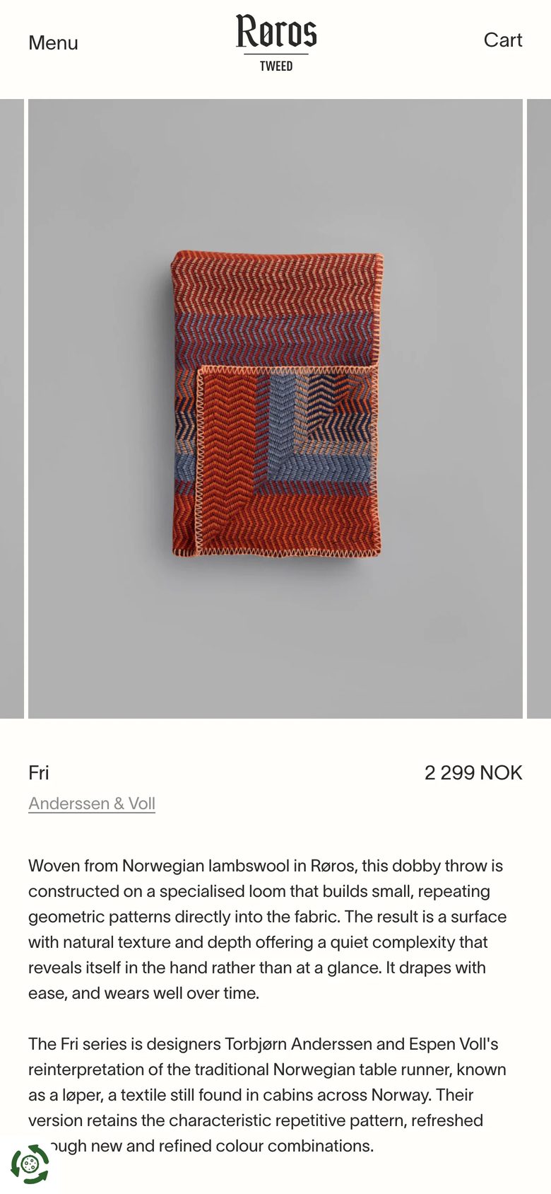 Mobile product page of Røros Tweed