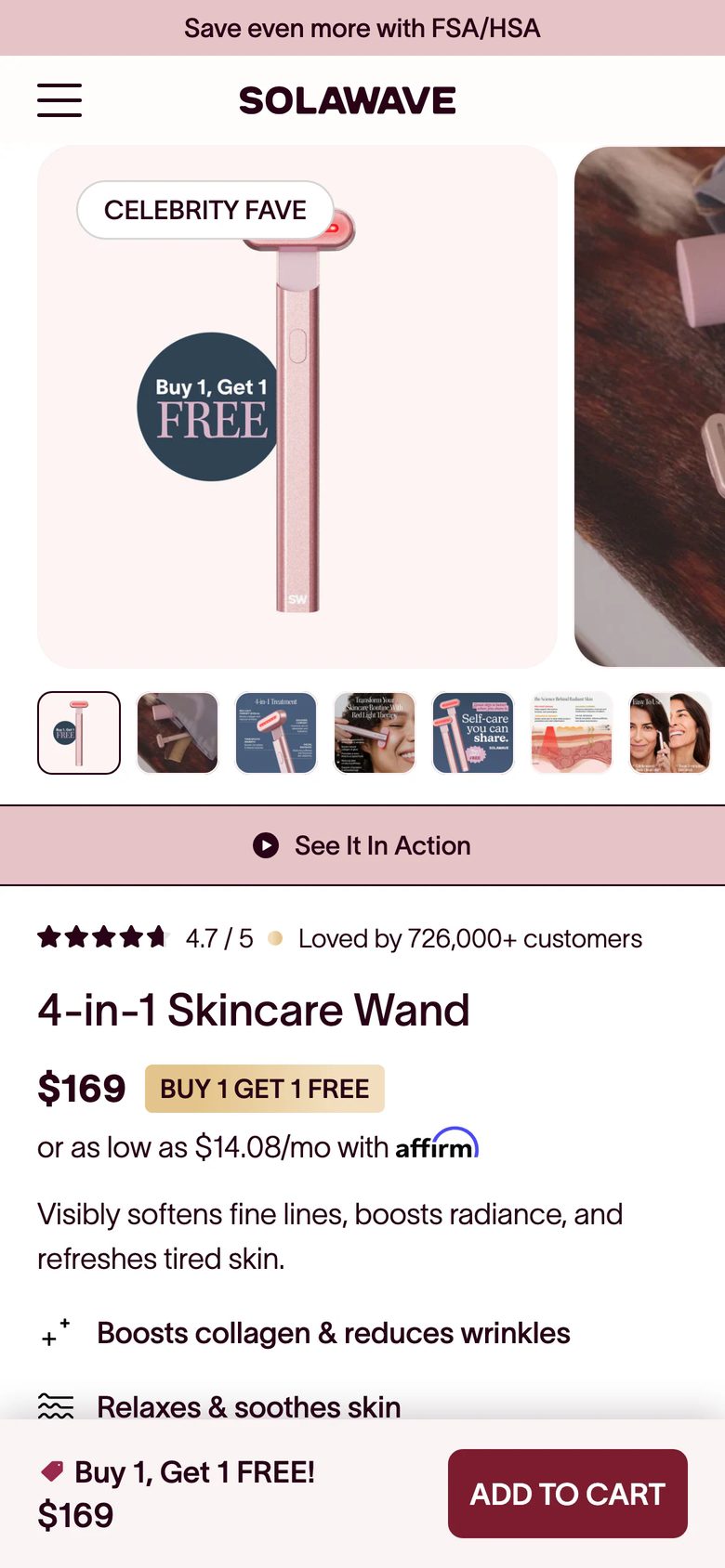 Mobile product page of Solawave