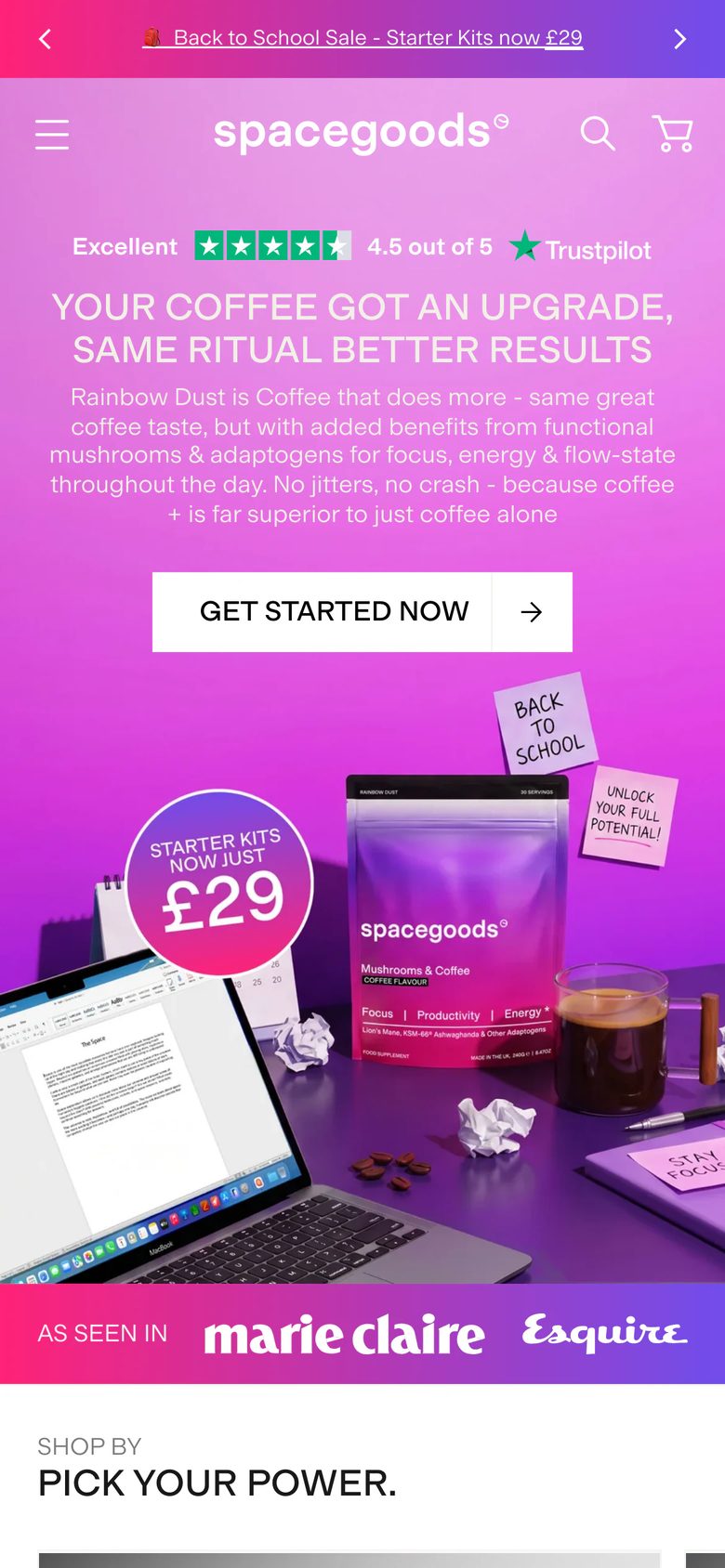 Mobile homepage of Spacegoods