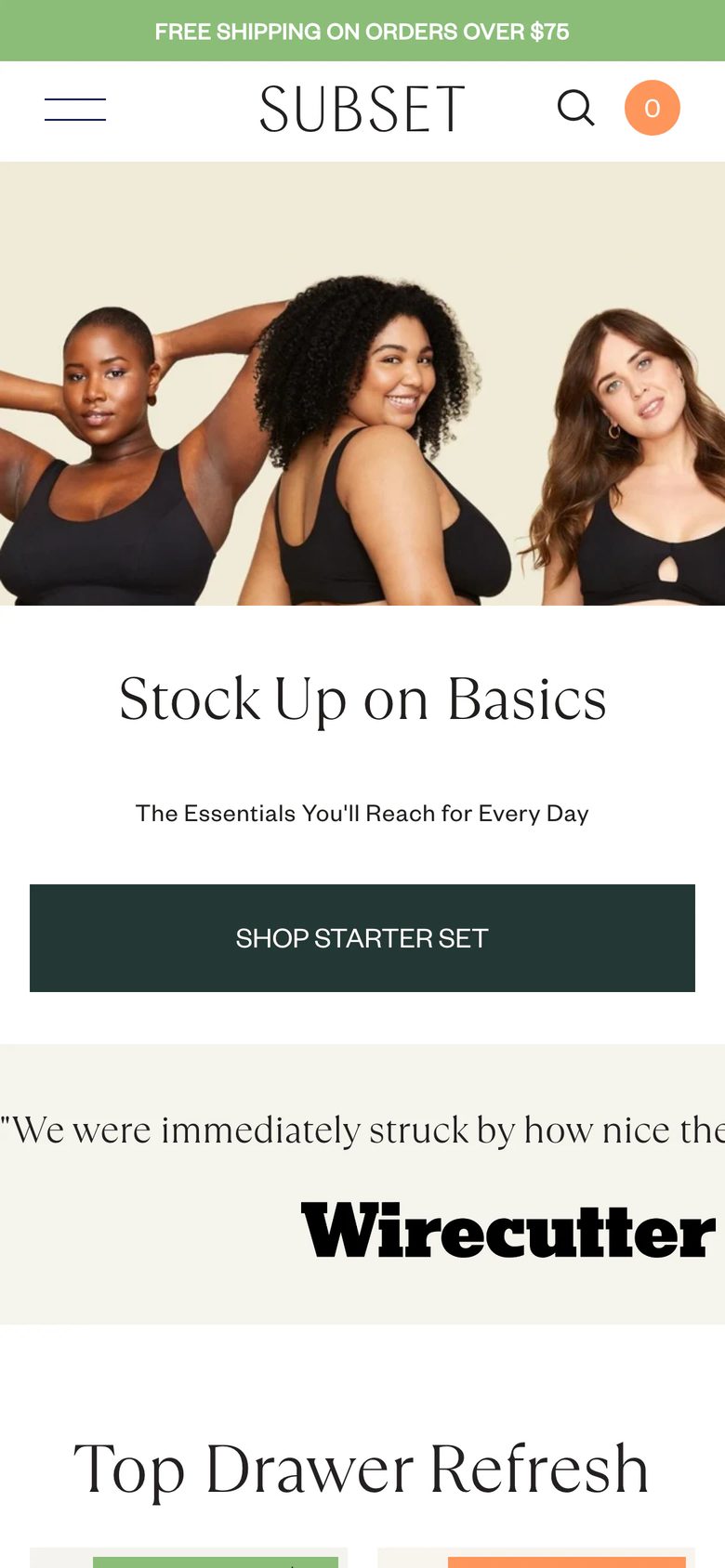 Mobile homepage of Subset