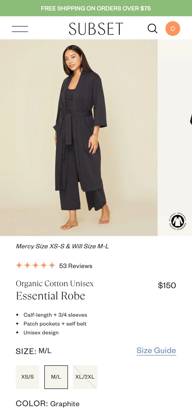 Mobile product page of Subset