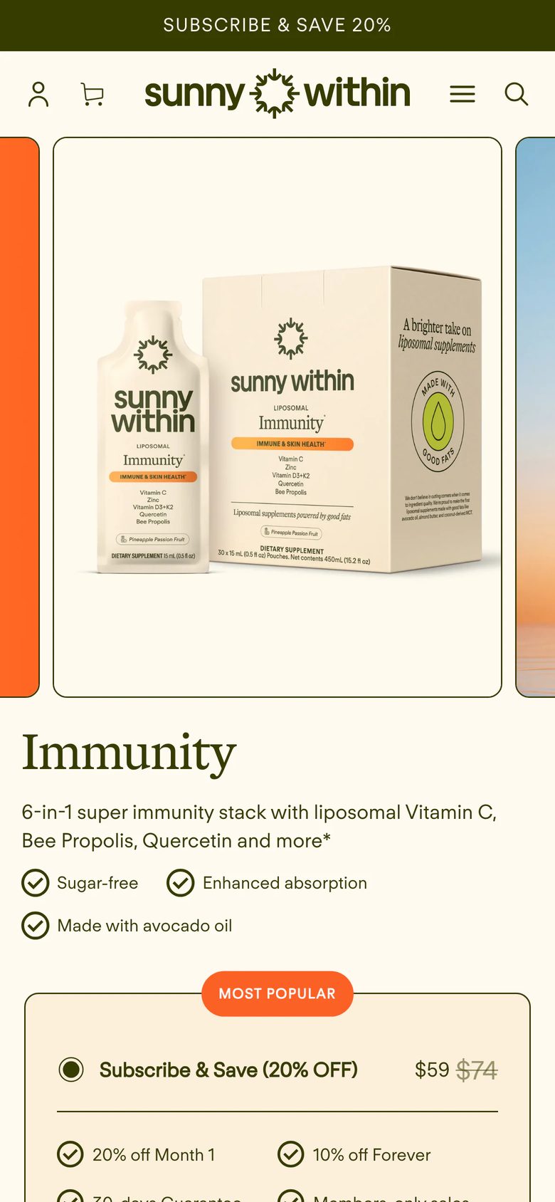 Mobile product page of Sunny Within