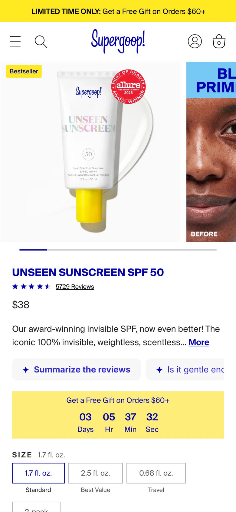 Mobile product page of Supergoop!