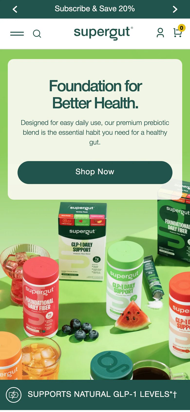 Mobile homepage of Supergut