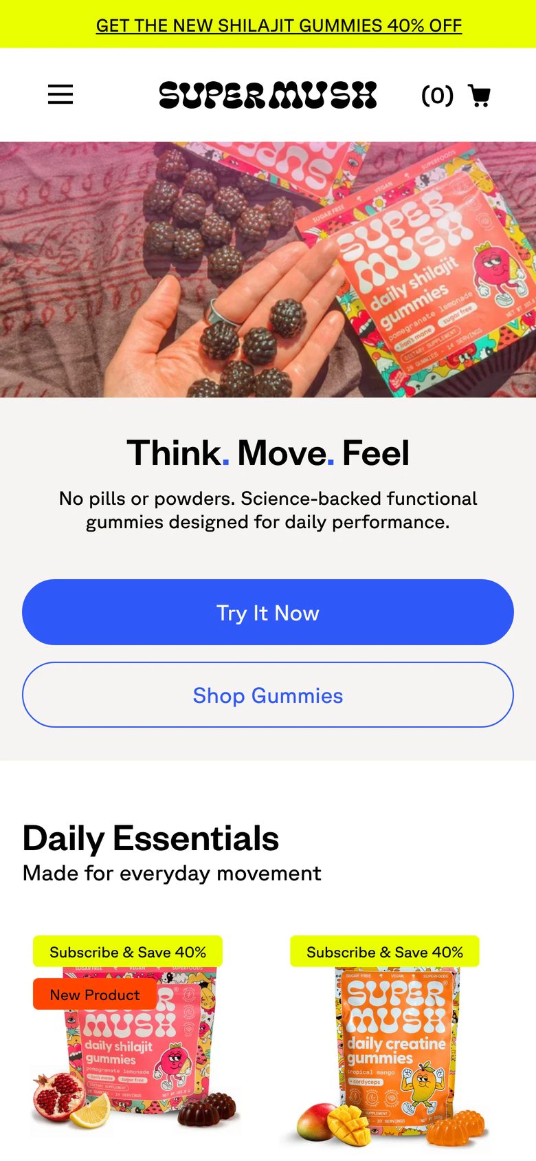 Mobile homepage of SuperMush
