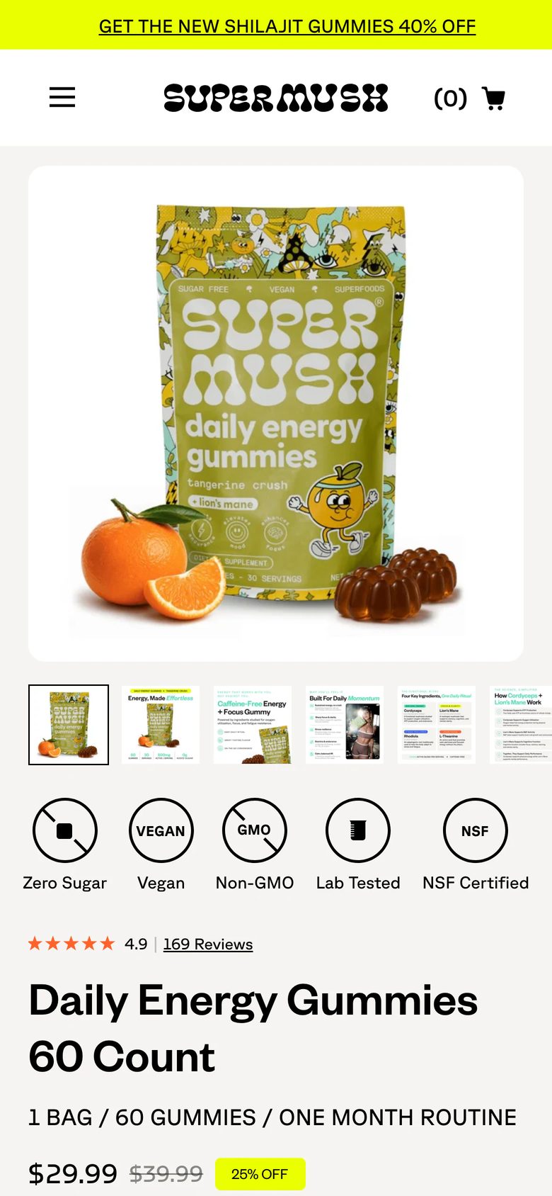 Mobile product page of SuperMush
