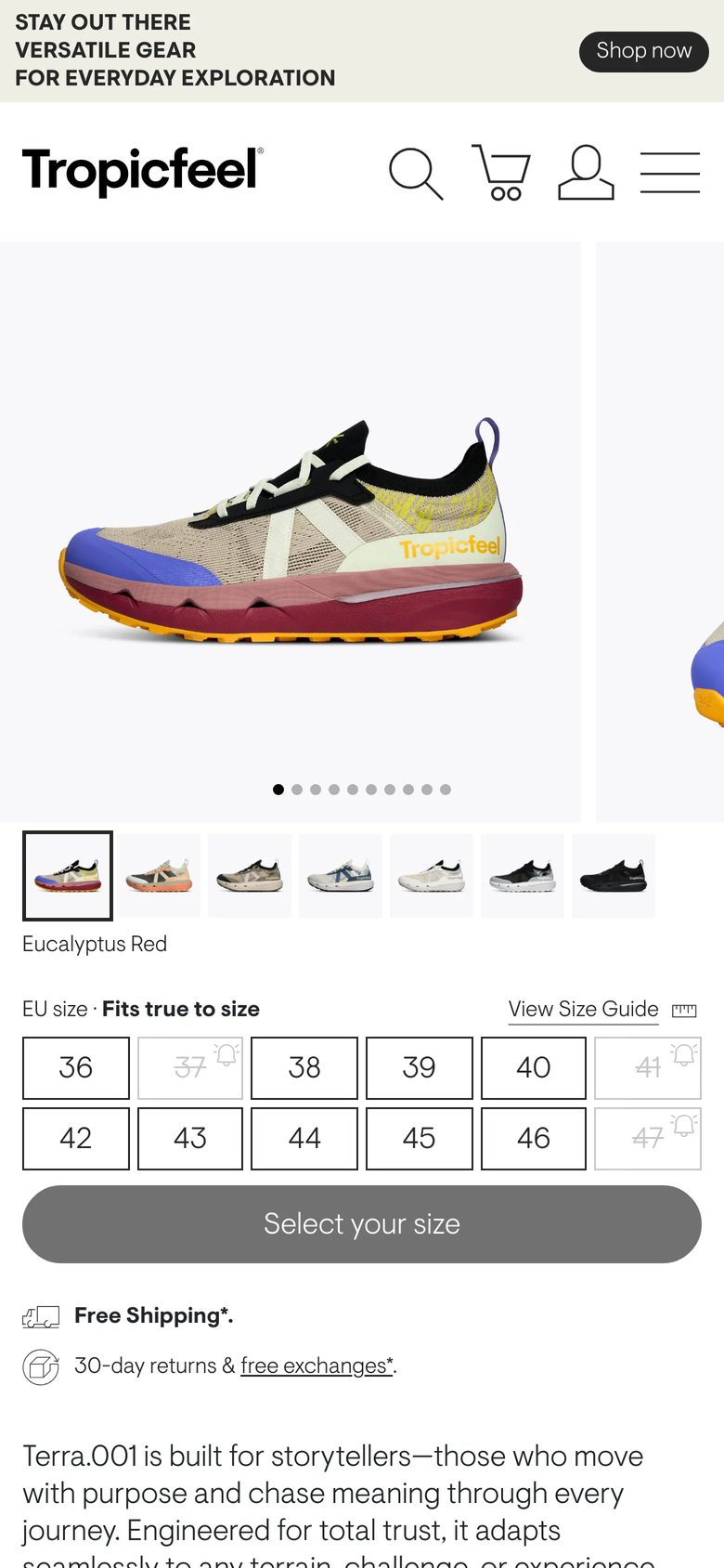 Mobile product page of Tropicfeel