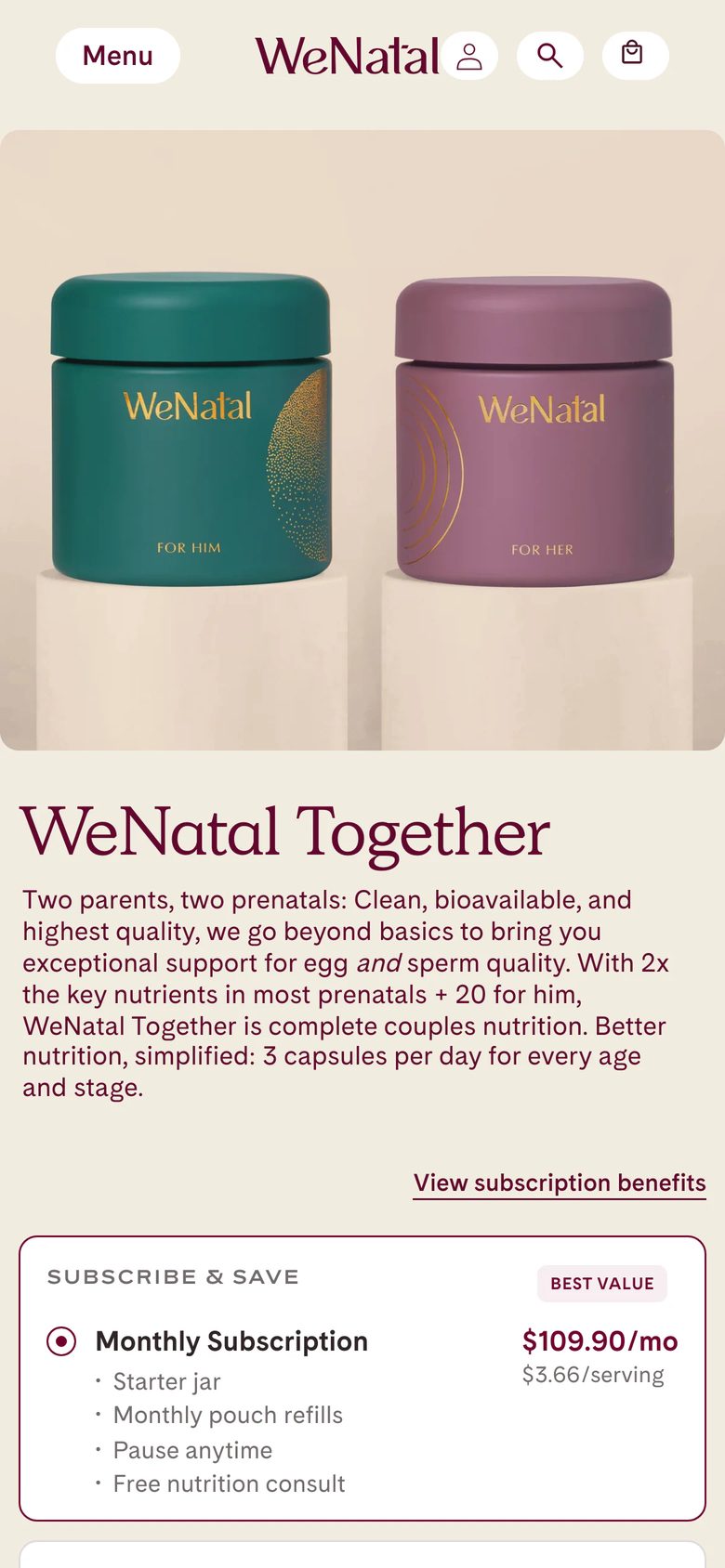 Mobile product page of WeNatal